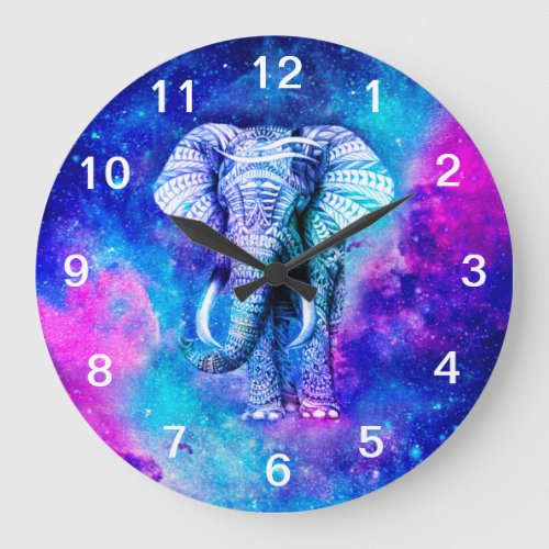 Hipster Elephant Nebula Space Large Clock
