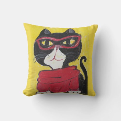 Hipster Folk Art Turtleneck Cat Painting Fun Throw Pillow