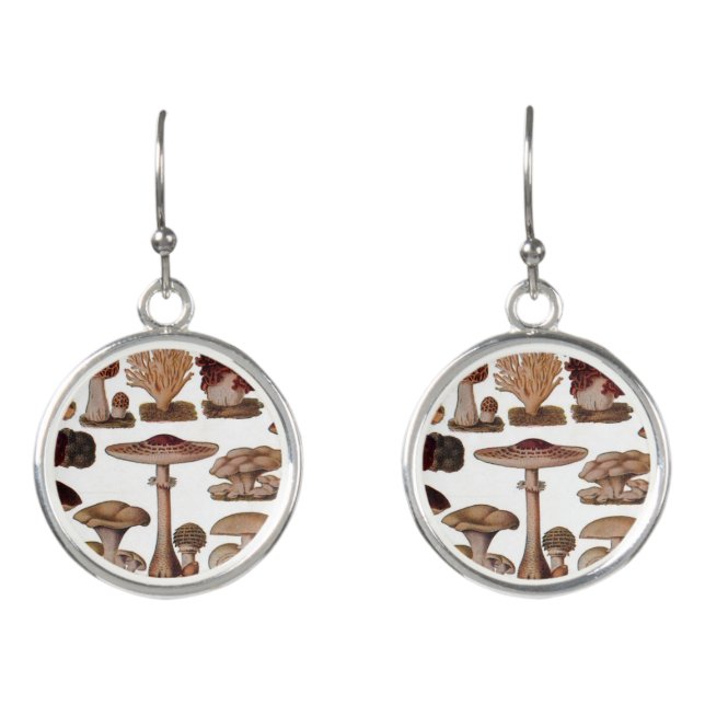 hipster french botanical print vintage mushrooms earrings (Front)