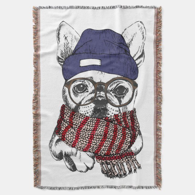 Hipster French Bull Dog Throw Blanket (Front Vertical)
