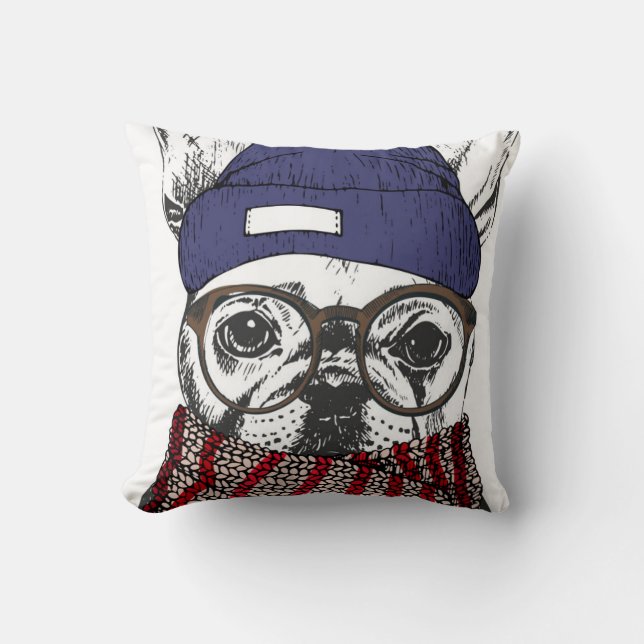 Hipster French Bull Dog Throw Pillow (Front)