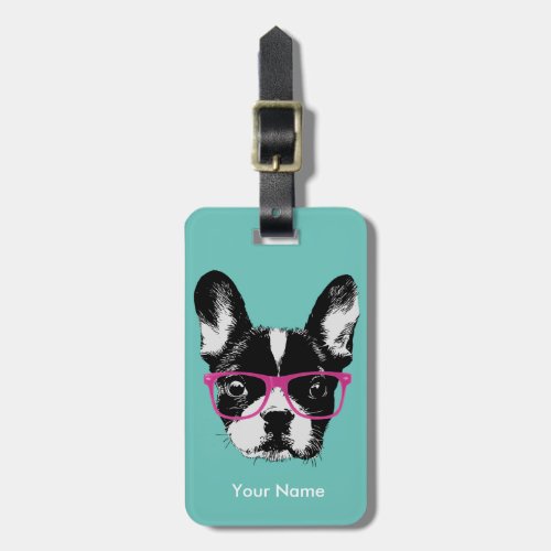 Hipster French Bulldog Custom Name Luggage Tag