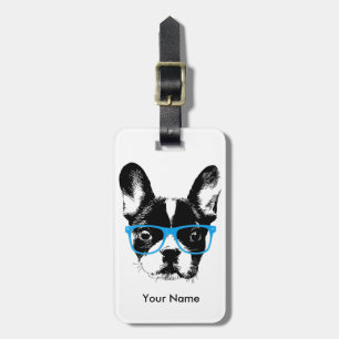 Hipster French Bulldog Nerdy Dog Custom Name Luggage Tag