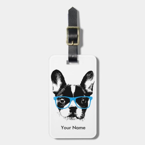 Hipster French Bulldog Nerdy Dog Custom Name Luggage Tag