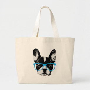 Hipster French Bulldog Nerdy Dog Large Tote Bag
