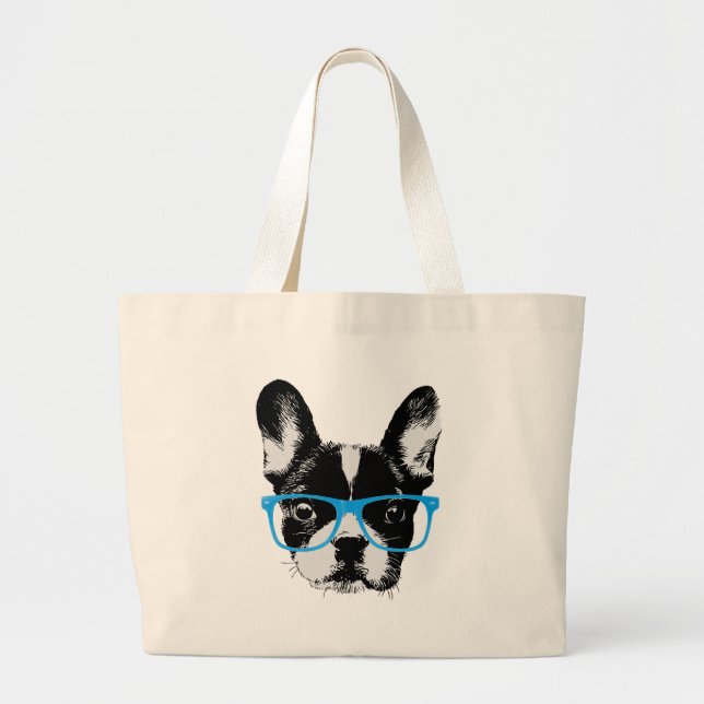 Hipster French Bulldog Nerdy Dog Large Tote Bag (Front)