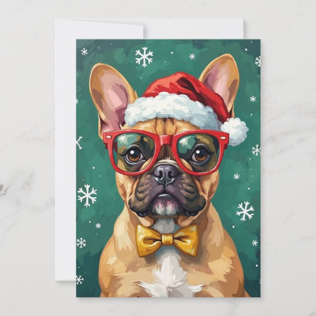 Hipster French Bulldog Santa Glasses Modern  Holiday Card (Front)