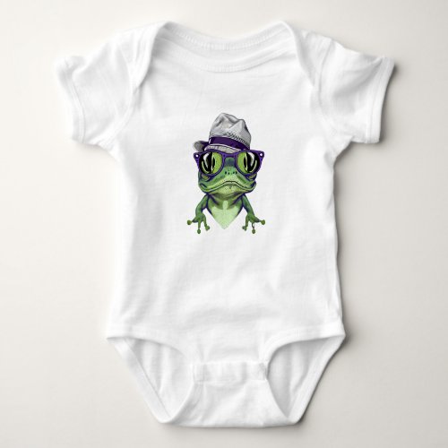 Hipster frog animal wearing glasses and hat vector baby bodysuit