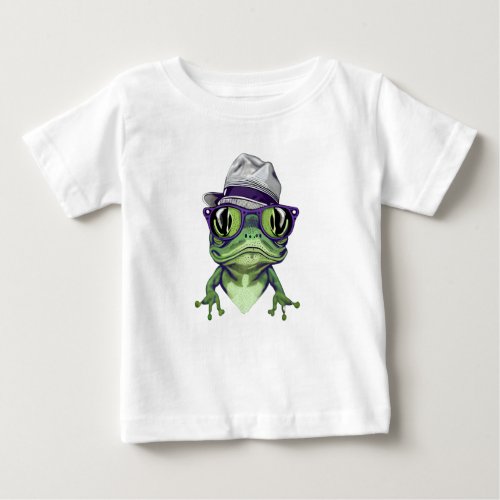Hipster frog animal wearing glasses and hat vector baby T_Shirt