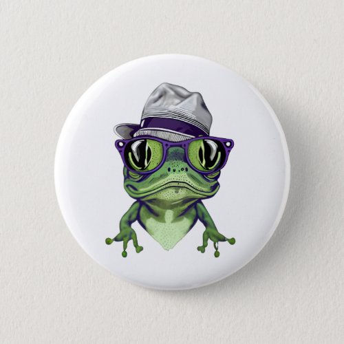 Hipster frog animal wearing glasses and hat vector button