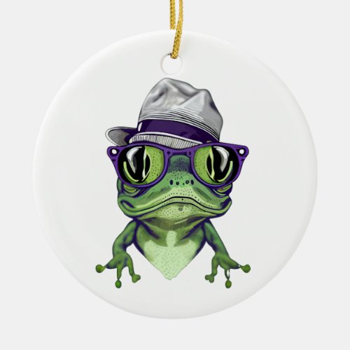 Hipster frog animal wearing glasses and hat vector ceramic ornament