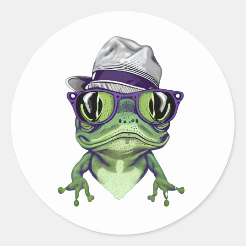 Hipster frog animal wearing glasses and hat vector classic round sticker