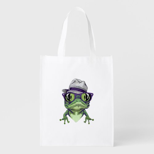 Hipster frog animal wearing glasses and hat vector grocery bag