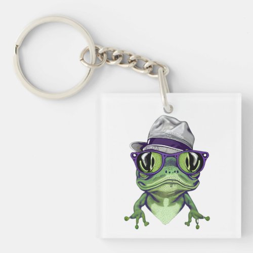 Hipster frog animal wearing glasses and hat vector keychain