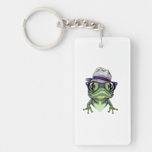 Hipster frog animal wearing glasses and hat vector keychain