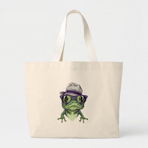 Hipster frog animal wearing glasses and hat vector large tote bag