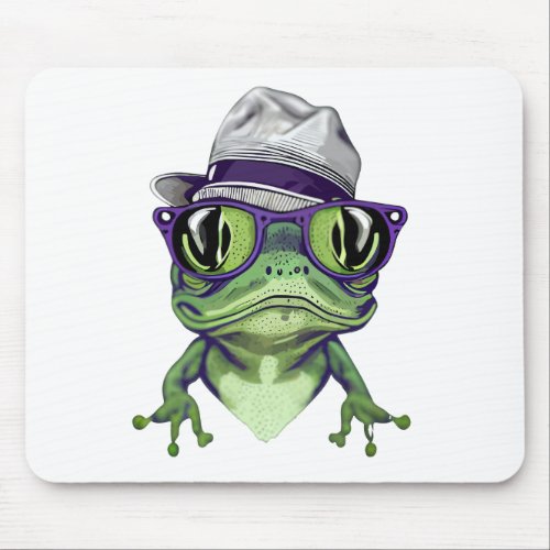 Hipster frog animal wearing glasses and hat vector mouse pad
