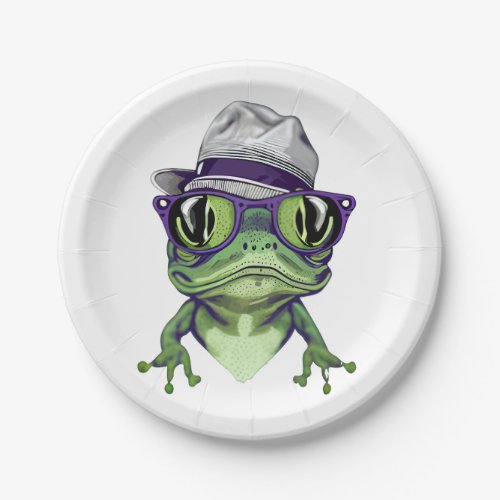 Hipster frog animal wearing glasses and hat vector paper plates