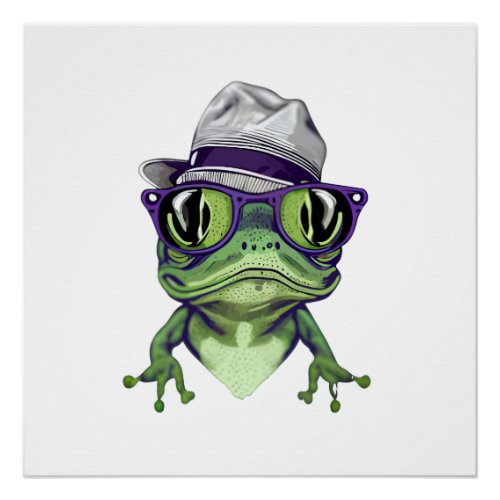 Hipster frog animal wearing glasses and hat vector poster