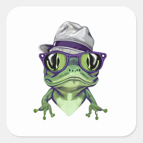 Hipster frog animal wearing glasses and hat vector square sticker
