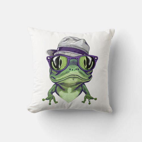 Hipster frog animal wearing glasses and hat vector throw pillow