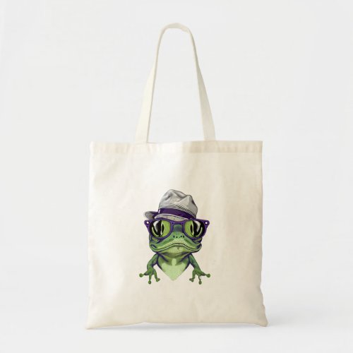 Hipster frog animal wearing glasses and hat vector tote bag