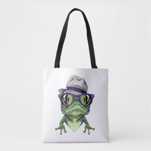 Hipster frog animal wearing glasses and hat vector tote bag