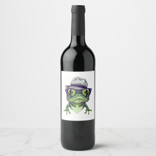 Hipster frog animal wearing glasses and hat vector wine label