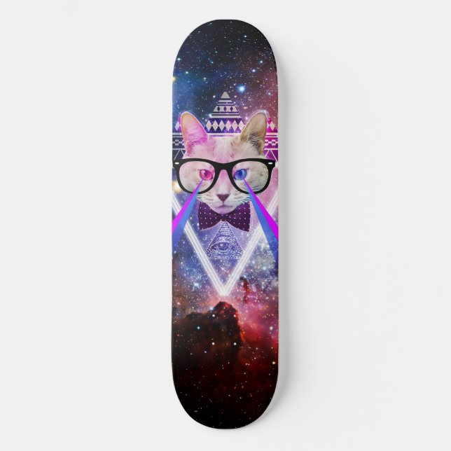 Hipster galaxy cat skateboard deck (Front)