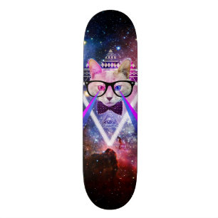 Hipster galaxy cat skateboard deck
