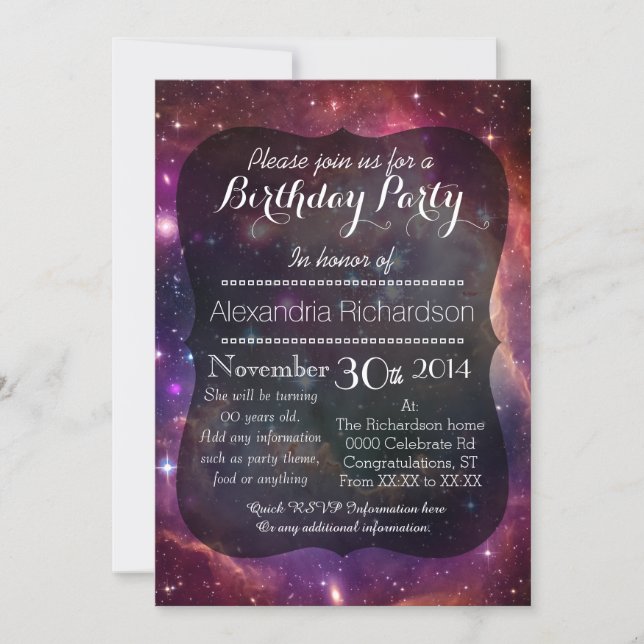 Hipster galaxy outer space birthday party invitation (Front)
