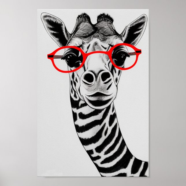 Hipster Giraffe in Red Glasses Giraffe Drawing Art Poster (Front)