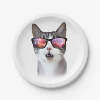 Hipster Glasses Space Galaxy Cat Paper Plates by LOL_Cats_And_Friends at Zazzle
