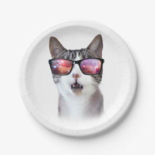 Hipster Glasses Space Galaxy Cat Paper Plates