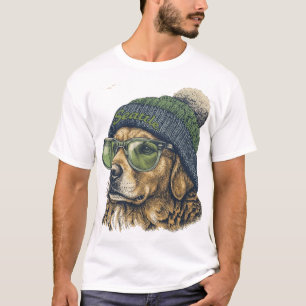Hipster Golden Retriever Seattle Beanie & Glasses T-Shirt