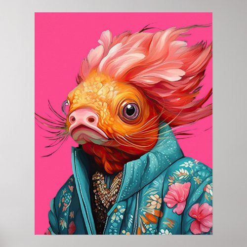 Hipster Goldfish Portrait Animal Fashion Poster
