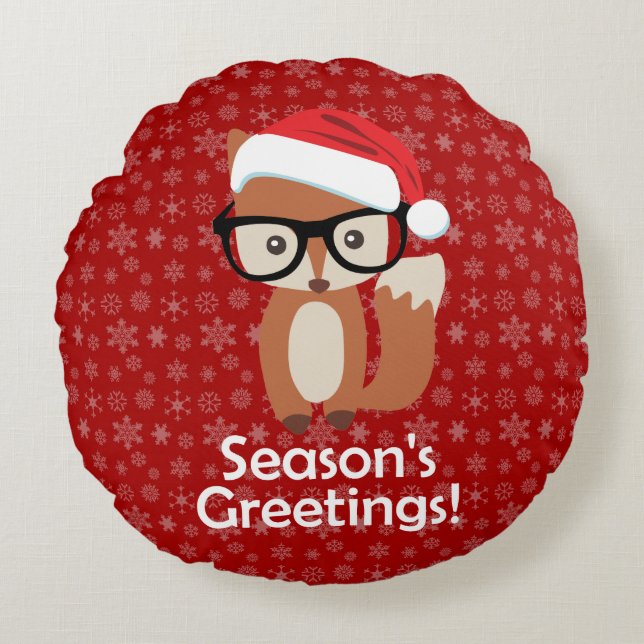 Hipster Holiday Fox Glasses Cute Animal Christmas Round Pillow (Front)