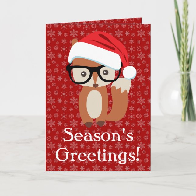 Hipster Holiday Fox w/Glasses Folded Greeting Card (Front)