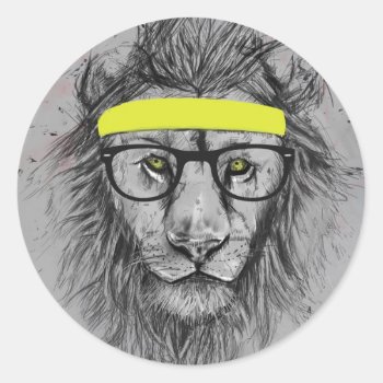 Hipster Lion Classic Round Sticker by bsolti at Zazzle