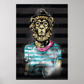 Hipster Lion on Stripe Poster