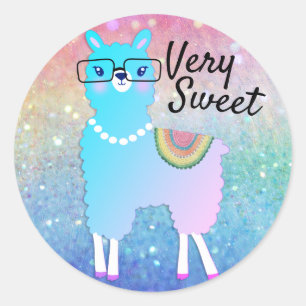 Hipster Llama Rainbow Glitter Ombre Classic Round Sticker