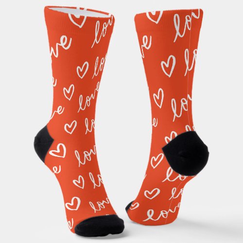 Hipster Love lettering  hearts drawings in red Socks
