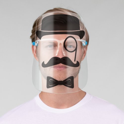 Hipster Man With Monocle Mustache and Bow Tie Face Shield