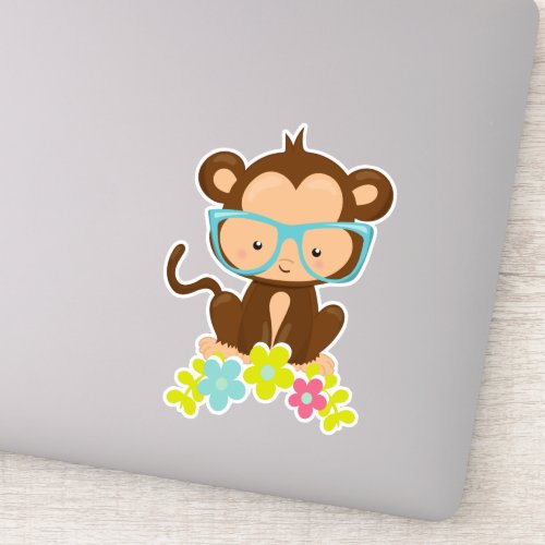 Hipster Monkey Monkey With Glasses Flowers Sticker