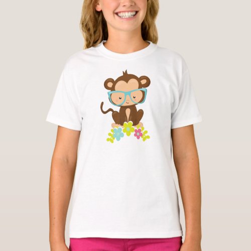 Hipster Monkey Monkey With Glasses Flowers T_Shirt