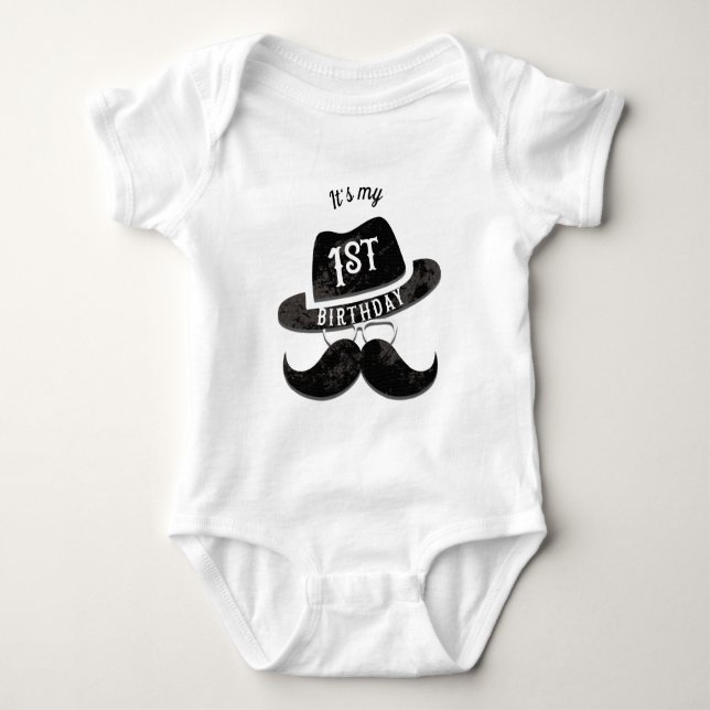 Hipster Mr. Mustache Hat Glasses 1 1st Birthday Baby Bodysuit (Front)