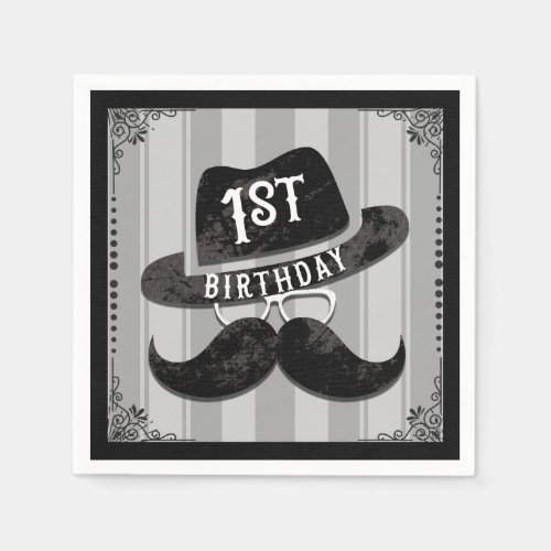 Hipster Mr Mustache Hat Glasses 1st Birthday One Napkins