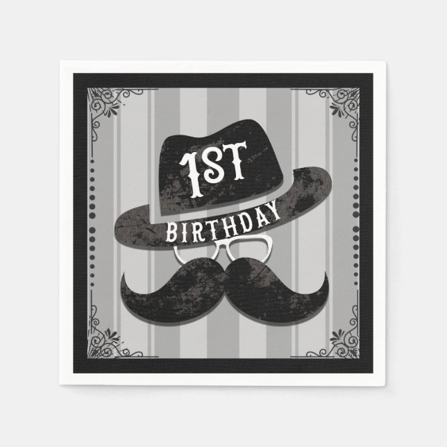 Hipster Mr. Mustache Hat Glasses 1st Birthday One Napkins (Front)