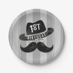 Hipster Mr. Mustache Hat Glasses 1st Birthday Paper Plates