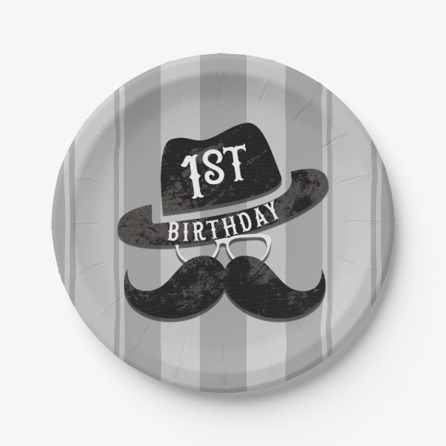 Hipster Mr. Mustache Hat Glasses 1st Birthday Paper Plates (Front)